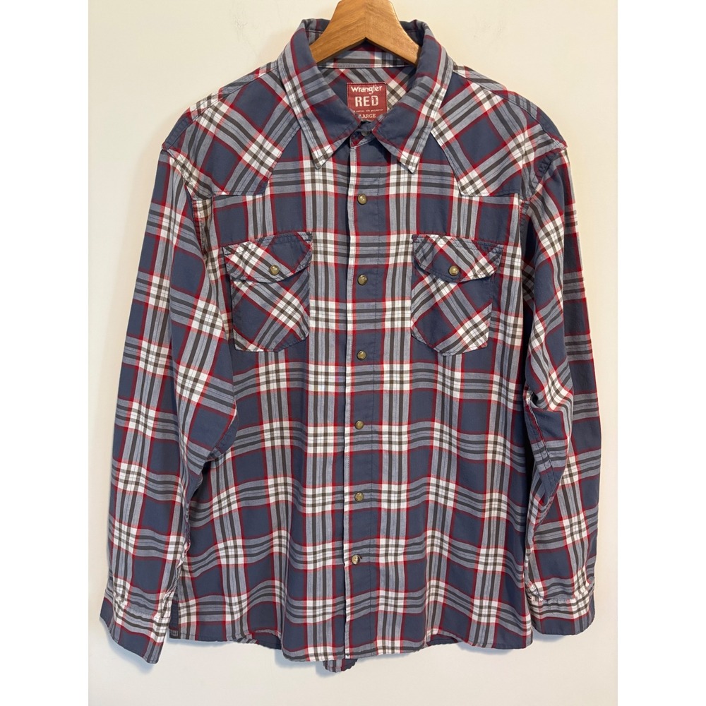 Wrangler RED Mens Large Blue Red Plaid Long Sleeve Western Snap Front Shirt